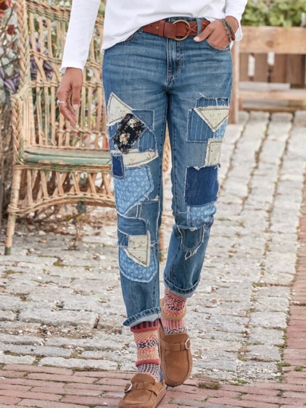 DRIFTWOOD Patchwork Abbey Boyfriend Jeans in Blue Size 32